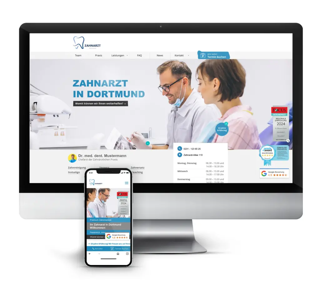 Praxismarketing - SEO für Zahnärzte und Kieferorthopäden (Website Zahnarzt Dortmund, Desktop und mobile)