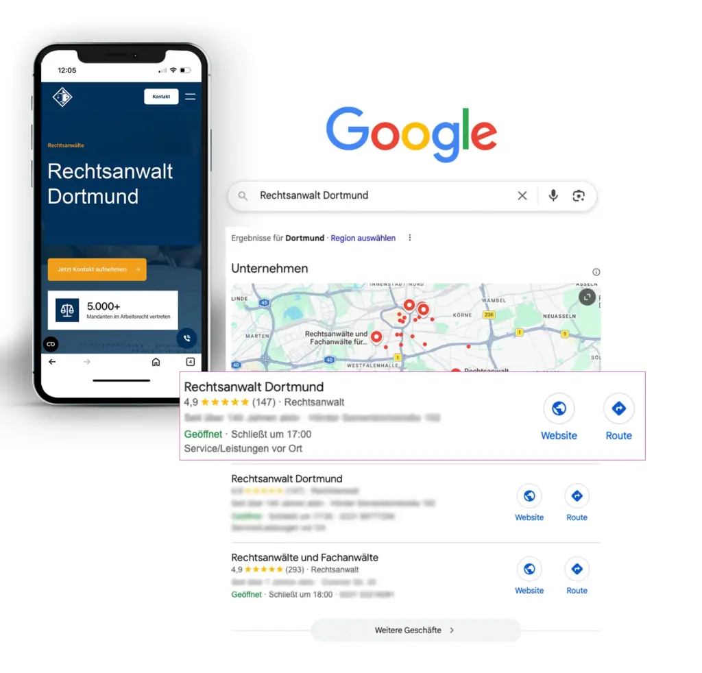 SEO für Anwälte und Notare – Mockup Website Anwalt mobil und Local Pack mit Spitzenplatzierung bei Google