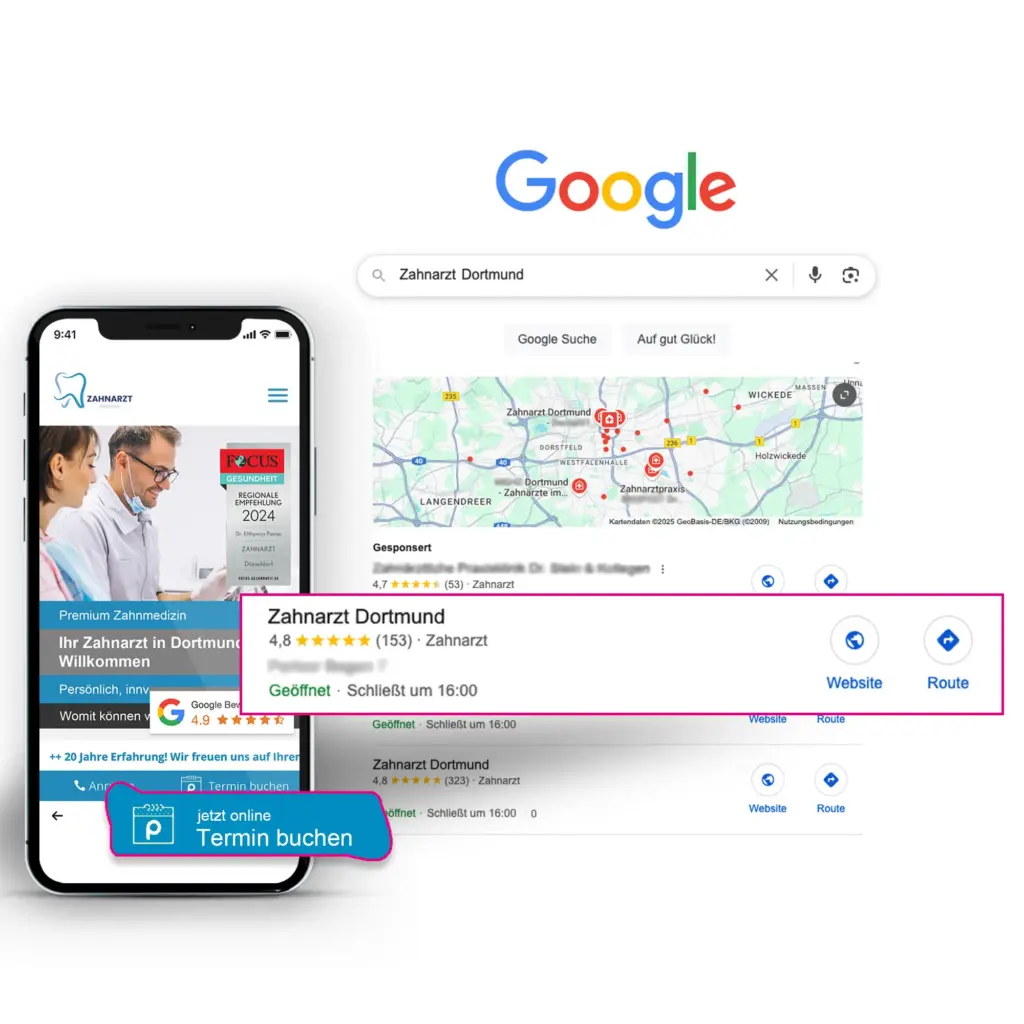 SEO für Zahnärzte & Kieferorthopäden – Top Ranking bei Google; Foto: Local Pack, Spitzenposition Zahnarzt Dortmund